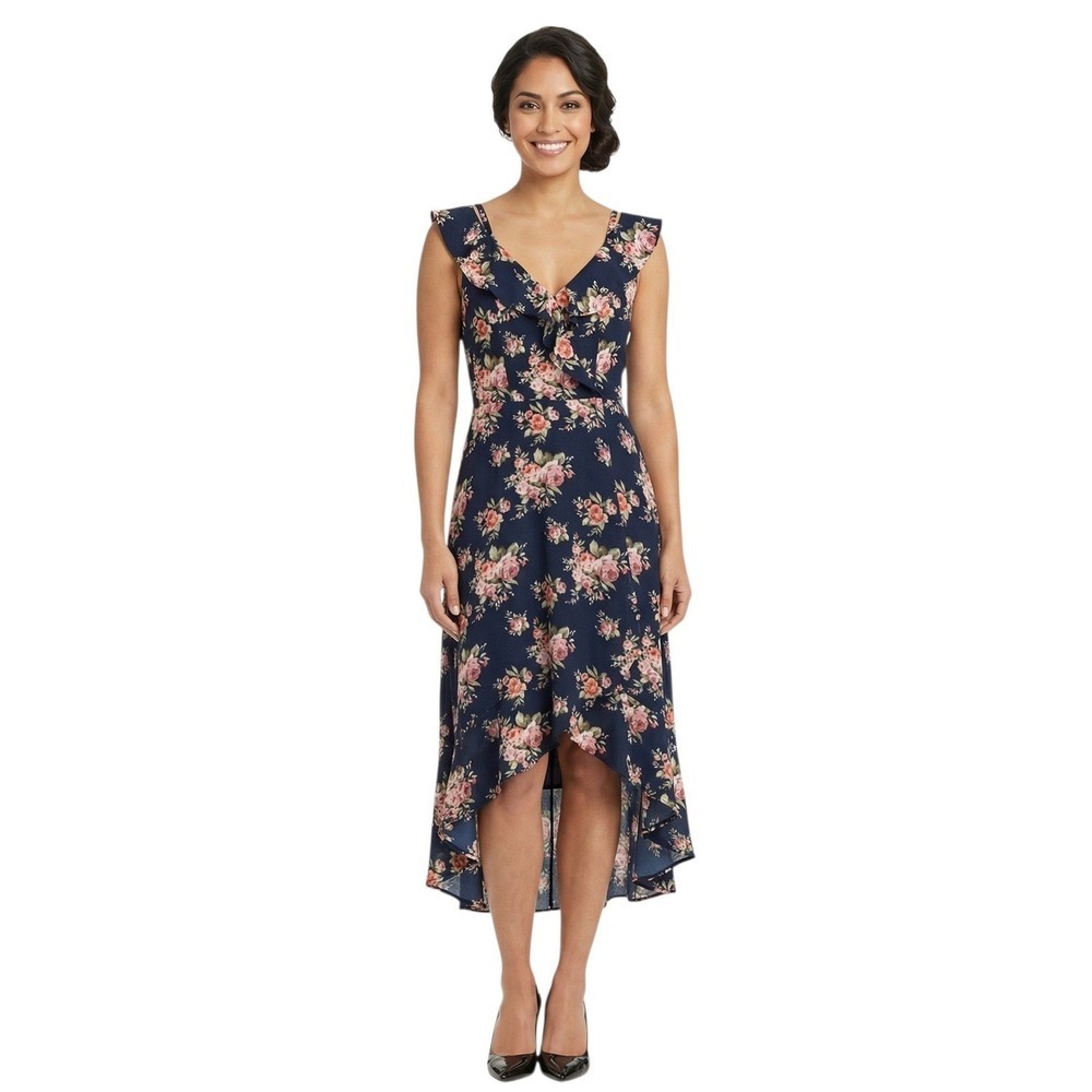 IZ‎ Byer Navy Blue Floral High-Low Ruffle V-Neck Juniors Dress Size 3 NWT
